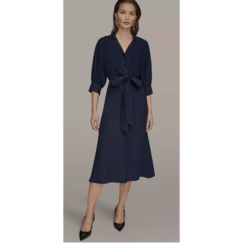 Donna Karan New York Women's Collared 3/4-Sleeve Midi Dress Size 6 Navy Linen